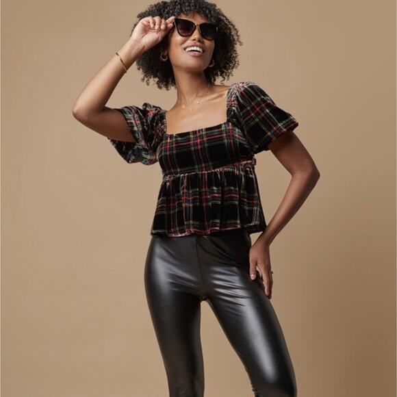NWT Tartan Plaid Peplum Top Sz XL Black Red Velvet Open Back Puff Sleeve Preppy - Picture 4 of 16
